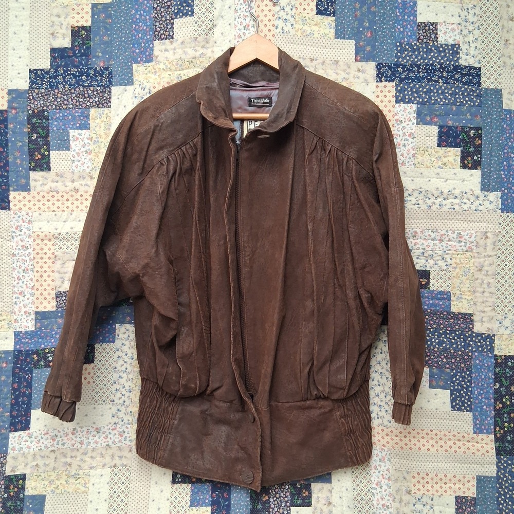 Vintage Pelle Cuir Brown Leather Jacket Small Removable Lining Pleated Dolman